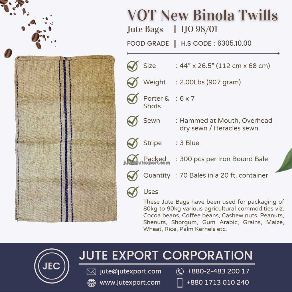 Vegetable Oil Treated-Vot (Food Grade) Binola Twills Jute Bags